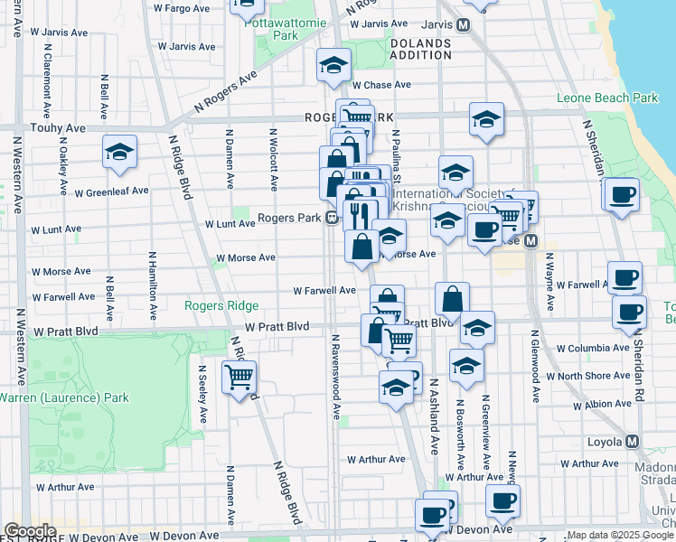 map of restaurants, bars, coffee shops, grocery stores, and more near 1773 West Morse Avenue in Chicago