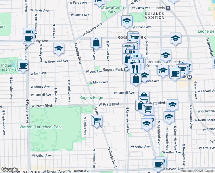 map of restaurants, bars, coffee shops, grocery stores, and more near 1853 West Morse Avenue in Chicago