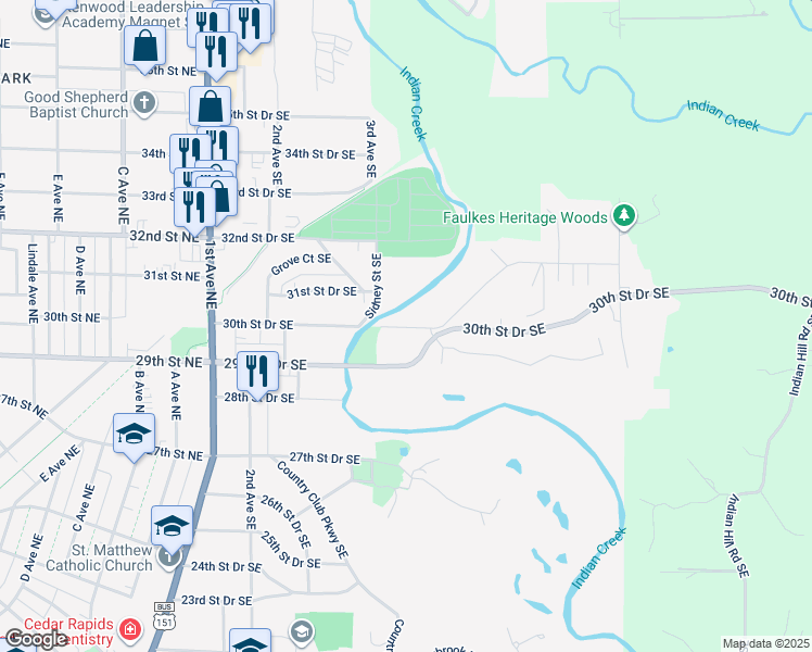 map of restaurants, bars, coffee shops, grocery stores, and more near 430 30th Street Drive Southeast in Cedar Rapids