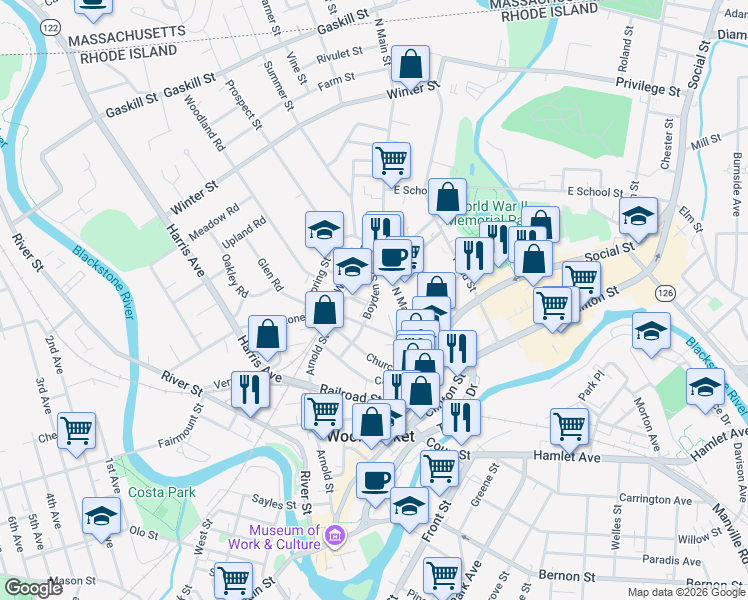 map of restaurants, bars, coffee shops, grocery stores, and more near 142 North Main Street in Woonsocket