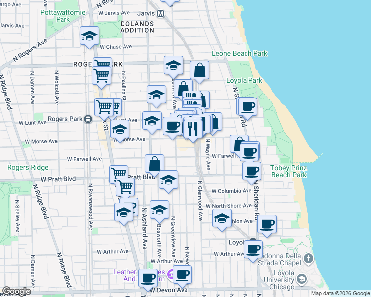 map of restaurants, bars, coffee shops, grocery stores, and more near 6925 North Greenview Avenue in Chicago