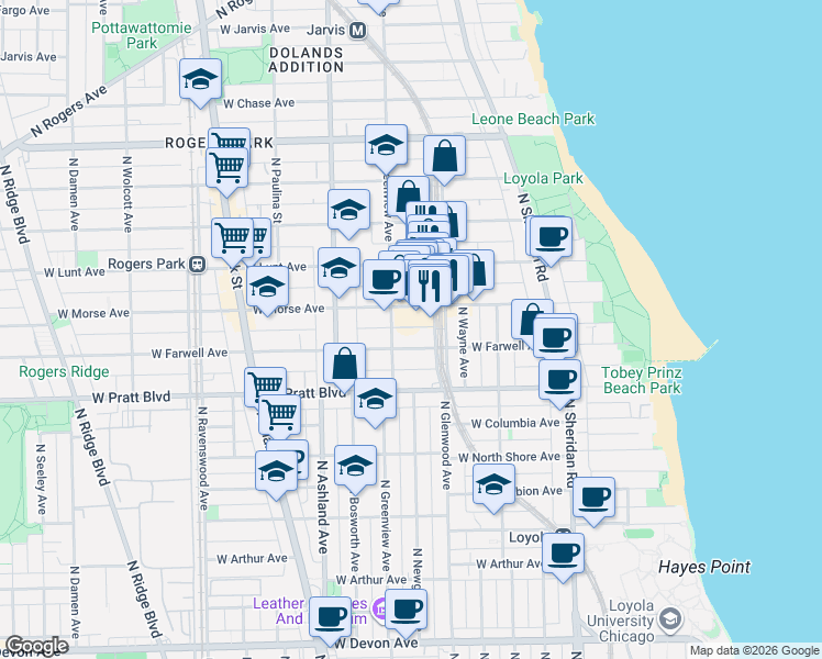 map of restaurants, bars, coffee shops, grocery stores, and more near 6925 North Greenview Avenue in Chicago