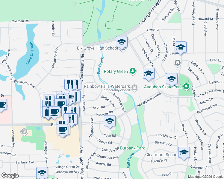 map of restaurants, bars, coffee shops, grocery stores, and more near 791 Brantwood Avenue in Elk Grove Village