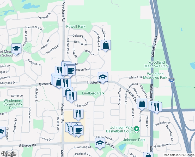 map of restaurants, bars, coffee shops, grocery stores, and more near 1450 Circle Court in Elk Grove Village