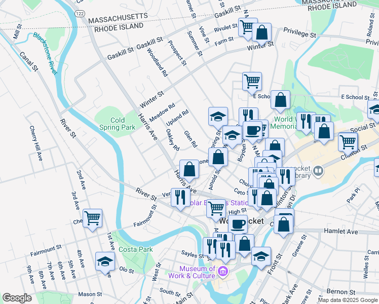map of restaurants, bars, coffee shops, grocery stores, and more near 62 Glen Road in Woonsocket