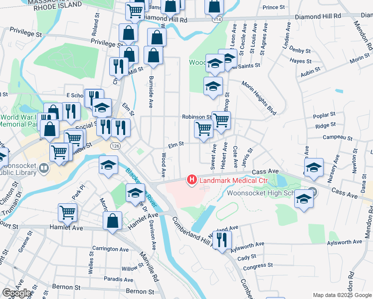 map of restaurants, bars, coffee shops, grocery stores, and more near 25 Read Avenue in Woonsocket