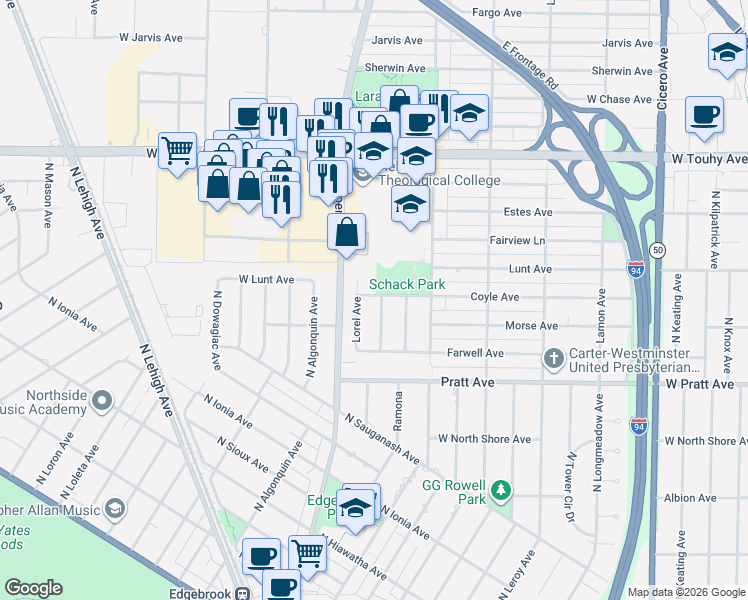 map of restaurants, bars, coffee shops, grocery stores, and more near 5320 Coyle Avenue in Skokie