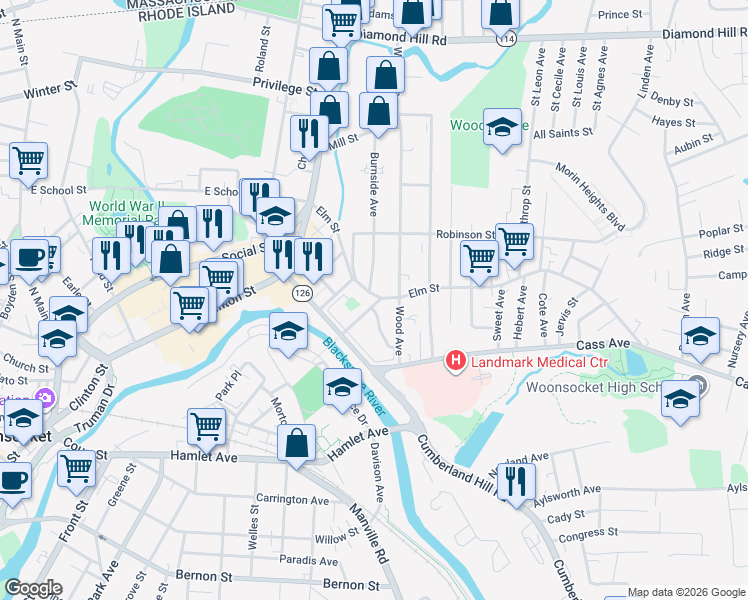 map of restaurants, bars, coffee shops, grocery stores, and more near 266 Elm Street in Woonsocket