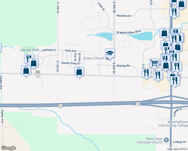 map of restaurants, bars, coffee shops, grocery stores, and more near U.S. 30 Business in Marshalltown