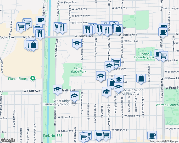 map of restaurants, bars, coffee shops, grocery stores, and more near 2932 West Coyle Avenue in Chicago