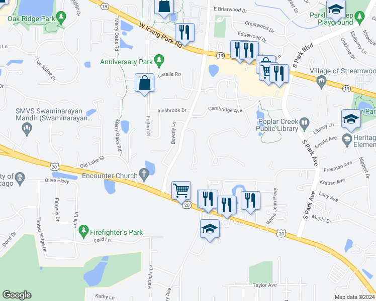 map of restaurants, bars, coffee shops, grocery stores, and more near 1065 Bristol Court in Streamwood