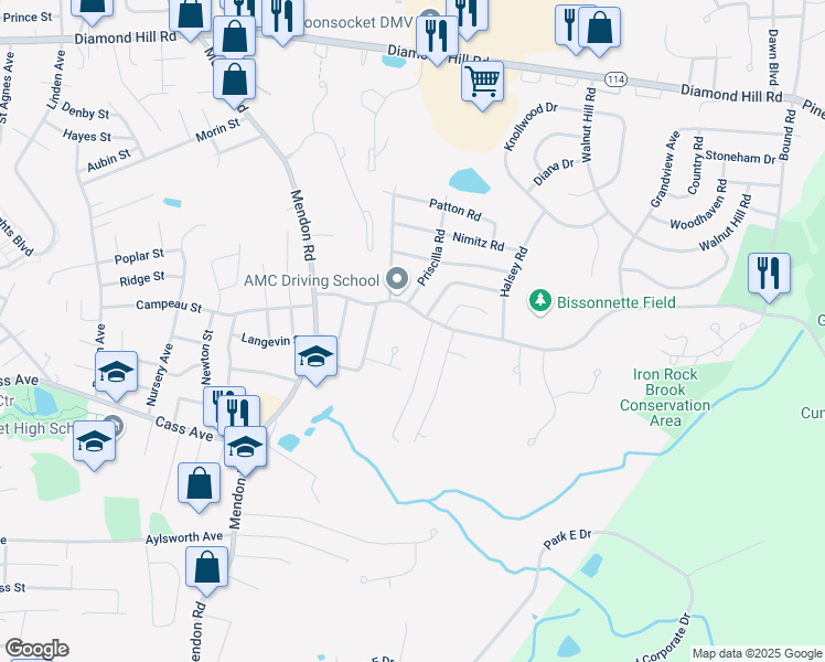 map of restaurants, bars, coffee shops, grocery stores, and more near 227 Elder Ballou Meeting House Road in Woonsocket
