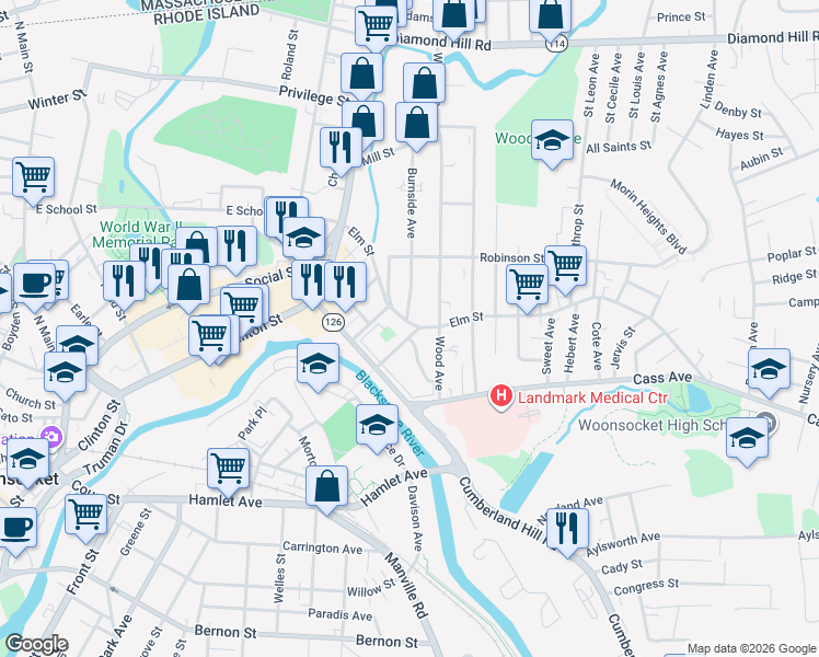 map of restaurants, bars, coffee shops, grocery stores, and more near 266 Elm Street in Woonsocket