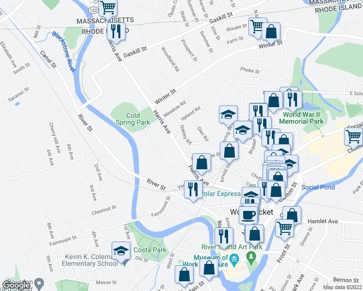 map of restaurants, bars, coffee shops, grocery stores, and more near 246 Harris Avenue in Woonsocket