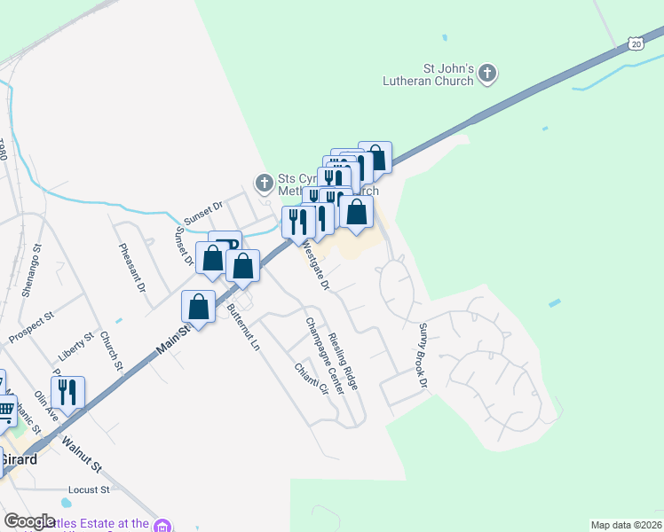 map of restaurants, bars, coffee shops, grocery stores, and more near 5181 Westgate Drive in Girard