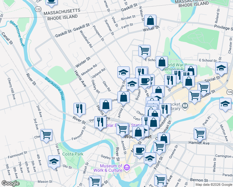 map of restaurants, bars, coffee shops, grocery stores, and more near 46 Spring Street in Woonsocket