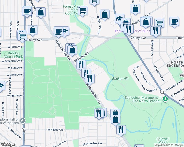 map of restaurants, bars, coffee shops, grocery stores, and more near 6549 West Ebinger Drive in Niles