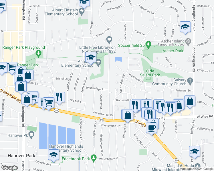 map of restaurants, bars, coffee shops, grocery stores, and more near 7510 Northway Drive in Hanover Park