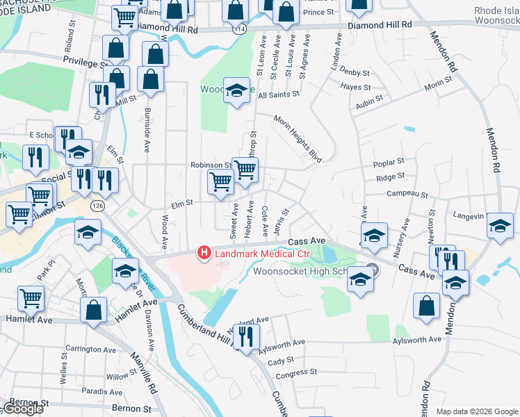 map of restaurants, bars, coffee shops, grocery stores, and more near 133 Cote Avenue in Woonsocket
