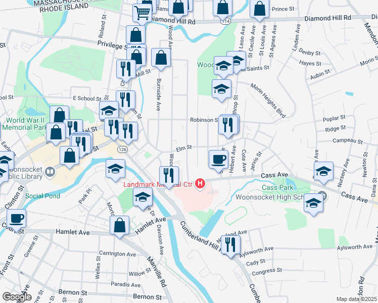 map of restaurants, bars, coffee shops, grocery stores, and more near 439 Elm Street in Woonsocket