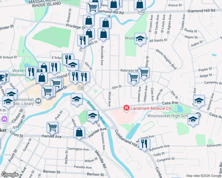 map of restaurants, bars, coffee shops, grocery stores, and more near 358 Elm Street in Woonsocket