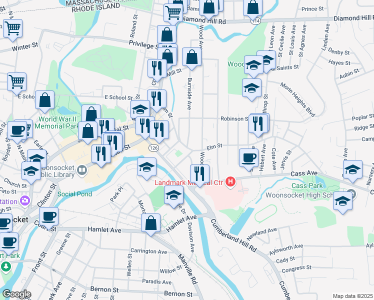 map of restaurants, bars, coffee shops, grocery stores, and more near 266 Elm Street in Woonsocket