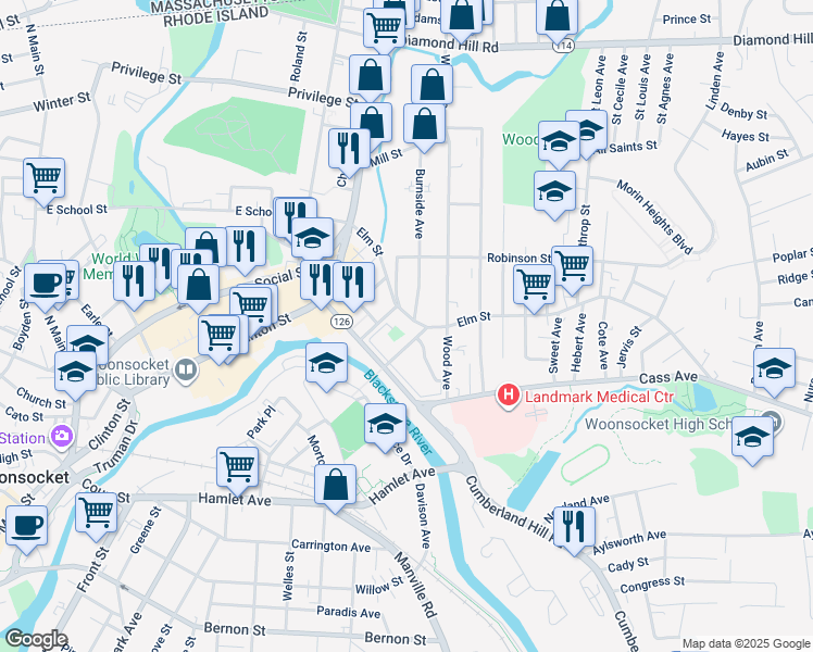 map of restaurants, bars, coffee shops, grocery stores, and more near 266 Elm Street in Woonsocket