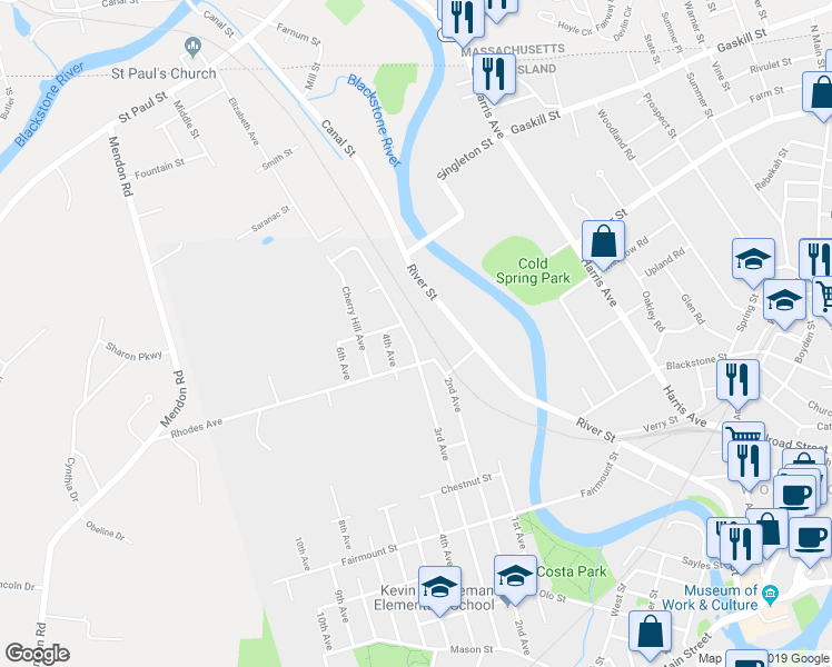 map of restaurants, bars, coffee shops, grocery stores, and more near 708 3rd Avenue in Woonsocket