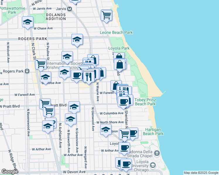 map of restaurants, bars, coffee shops, grocery stores, and more near 1225 West Morse Avenue in Chicago