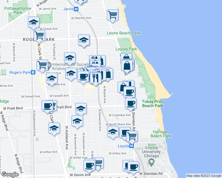 map of restaurants, bars, coffee shops, grocery stores, and more near 6921 North Wayne Avenue in Chicago