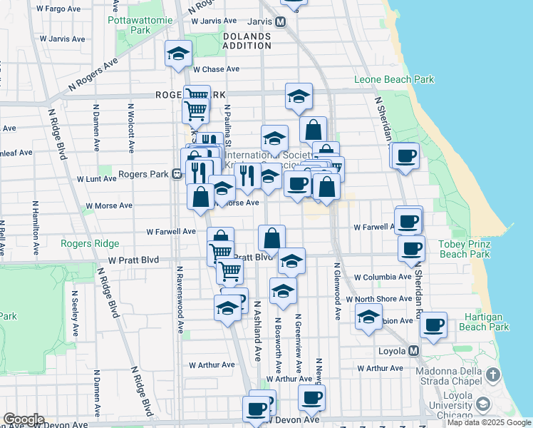 map of restaurants, bars, coffee shops, grocery stores, and more near 1600 West Morse Avenue in Chicago