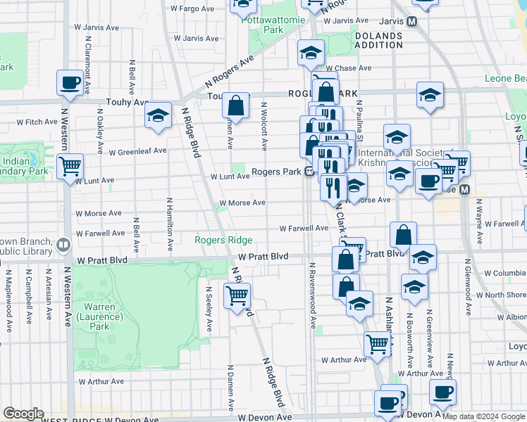 map of restaurants, bars, coffee shops, grocery stores, and more near 1853 West Morse Avenue in Chicago