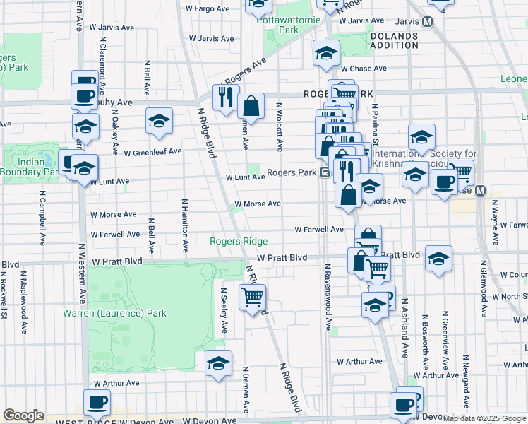 map of restaurants, bars, coffee shops, grocery stores, and more near 1937 West Morse Avenue in Chicago