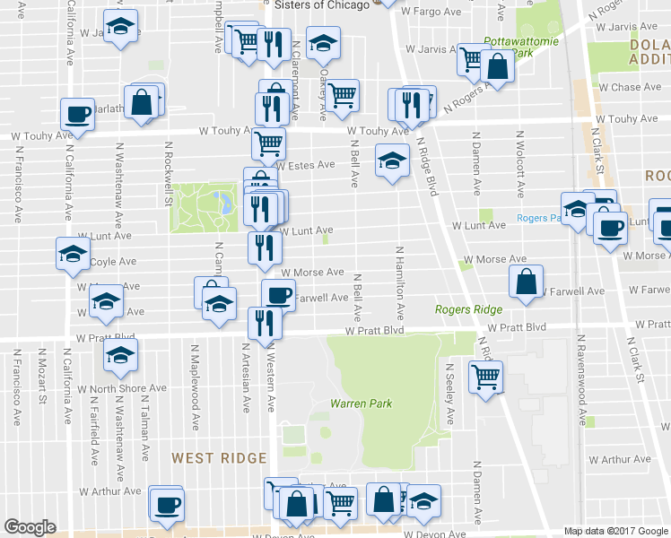 map of restaurants, bars, coffee shops, grocery stores, and more near 2220 West Morse Avenue in Chicago