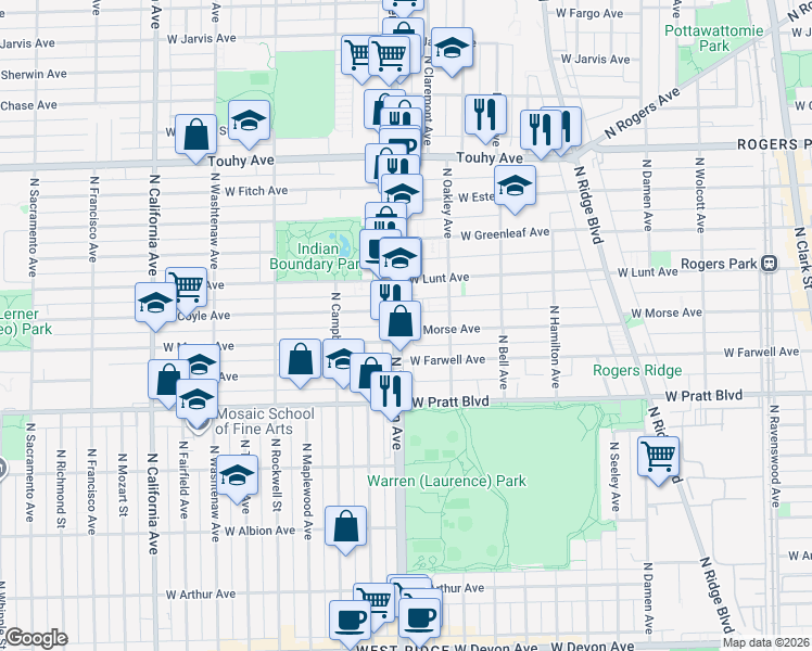 map of restaurants, bars, coffee shops, grocery stores, and more near 6933 North Western Avenue in Chicago