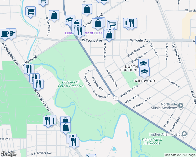 map of restaurants, bars, coffee shops, grocery stores, and more near 6925 North Concord Lane in Niles