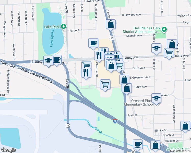 map of restaurants, bars, coffee shops, grocery stores, and more near 10400 Carol Court in Rosemont