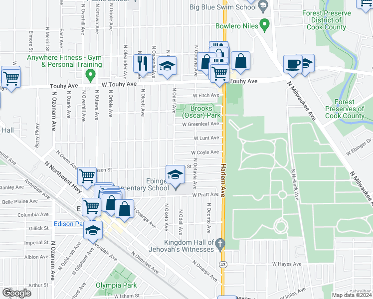 map of restaurants, bars, coffee shops, grocery stores, and more near 7318 West Coyle Avenue in Chicago
