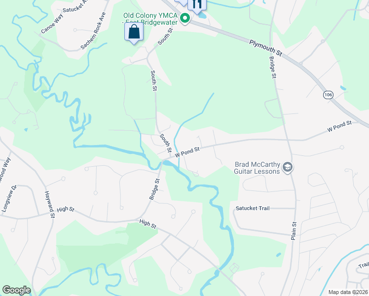 map of restaurants, bars, coffee shops, grocery stores, and more near 102 West Pond Street in East Bridgewater