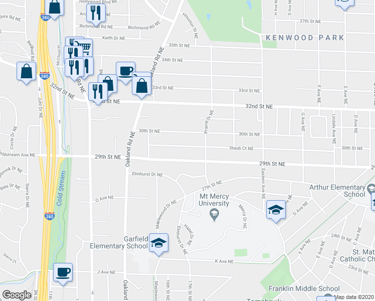 map of restaurants, bars, coffee shops, grocery stores, and more near 1233 Staub Court Northeast in Cedar Rapids