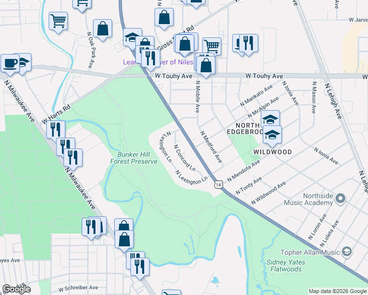 map of restaurants, bars, coffee shops, grocery stores, and more near 6925 North Concord Lane in Niles