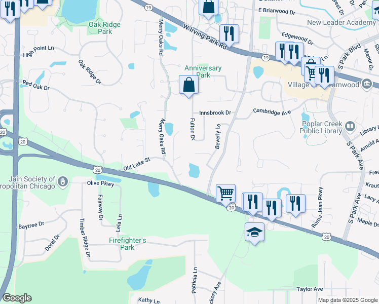 map of restaurants, bars, coffee shops, grocery stores, and more near 116 Beverly Court in Streamwood