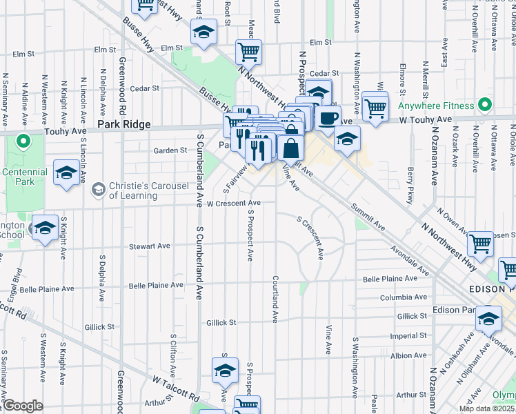 map of restaurants, bars, coffee shops, grocery stores, and more near 301 South Prospect Avenue in Park Ridge