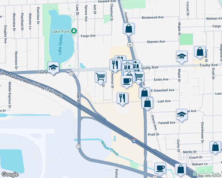 map of restaurants, bars, coffee shops, grocery stores, and more near 10451 Carol Court in Rosemont