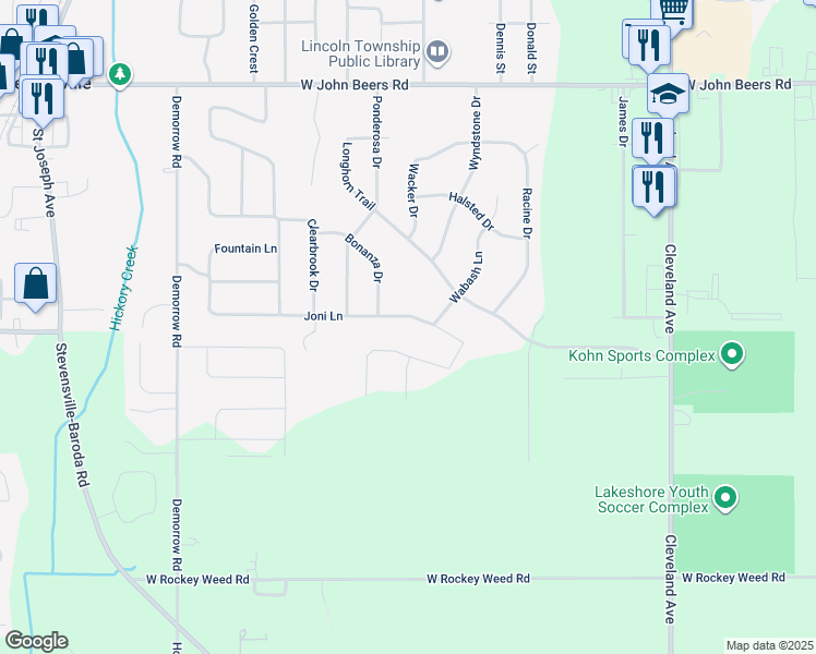 map of restaurants, bars, coffee shops, grocery stores, and more near 2112 Joni Lane in Stevensville