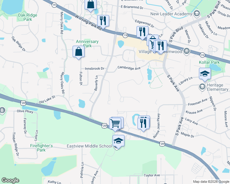 map of restaurants, bars, coffee shops, grocery stores, and more near 2115 Falmouth Court in Streamwood
