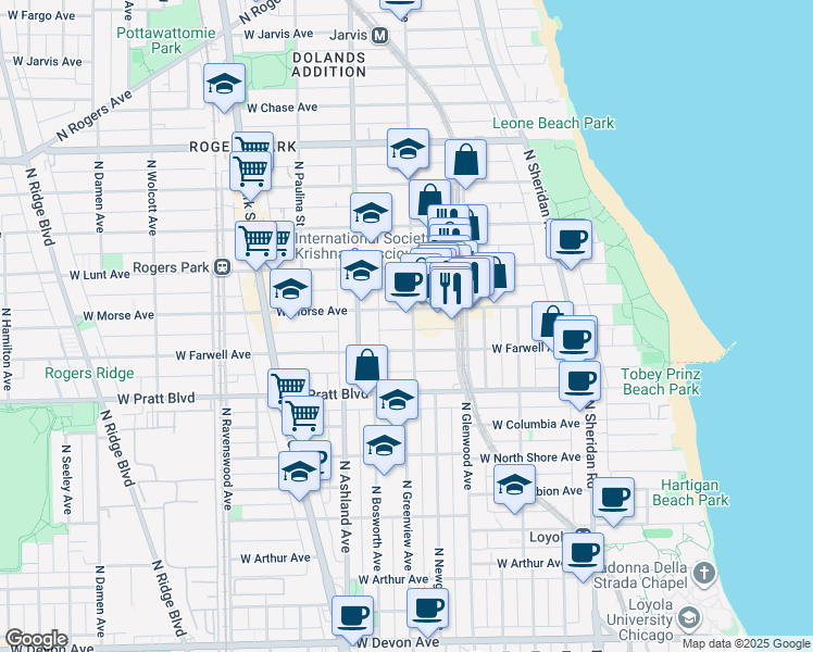 map of restaurants, bars, coffee shops, grocery stores, and more near 6922 North Greenview Avenue in Chicago