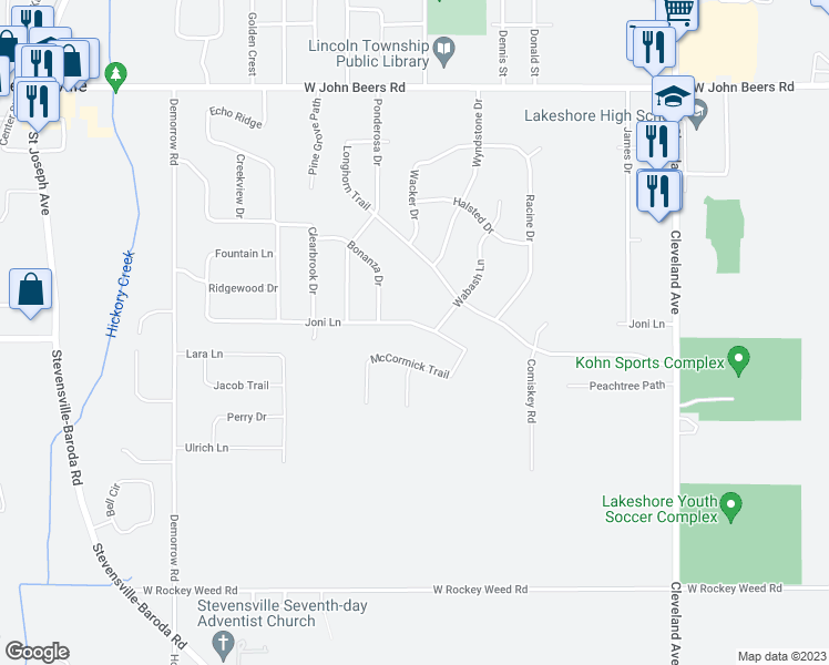 map of restaurants, bars, coffee shops, grocery stores, and more near 2112 Joni Lane in Stevensville