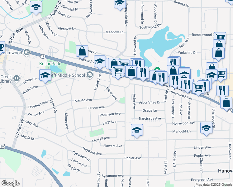 map of restaurants, bars, coffee shops, grocery stores, and more near 928 Miller Avenue in Streamwood