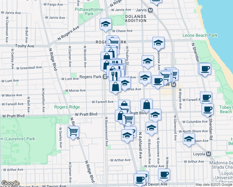 map of restaurants, bars, coffee shops, grocery stores, and more near 6924 North Clark Street in Chicago